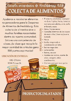 Spanish flyer for the food drive outlining donatable items and drop off location